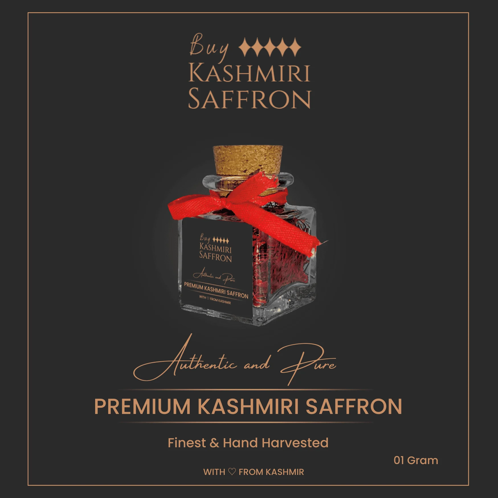 Small square glass jar of Kashmiri Mongra saffron threads, corked and tied with a red ribbon, 1 gram