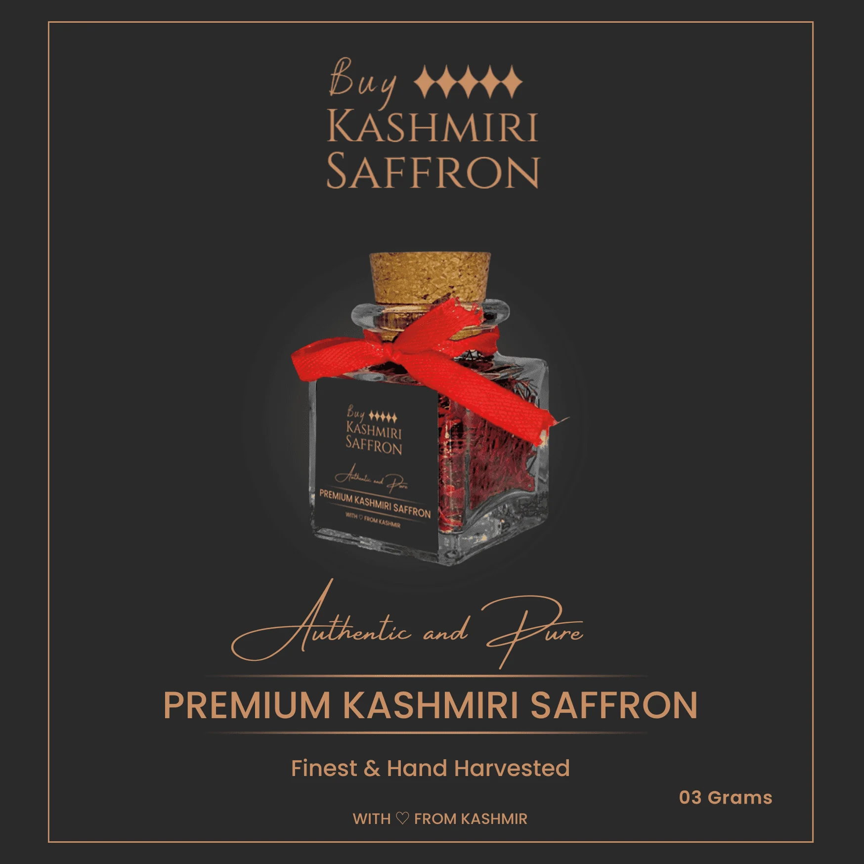 Square glass jar of Kashmiri Mongra saffron threads, corked and tied with a red ribbon, 3 grams
