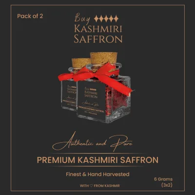 Two square glass jars of Kashmiri Mongra saffron threads tied with red ribbons, pack of 2, 3 grams each (6 grams total)