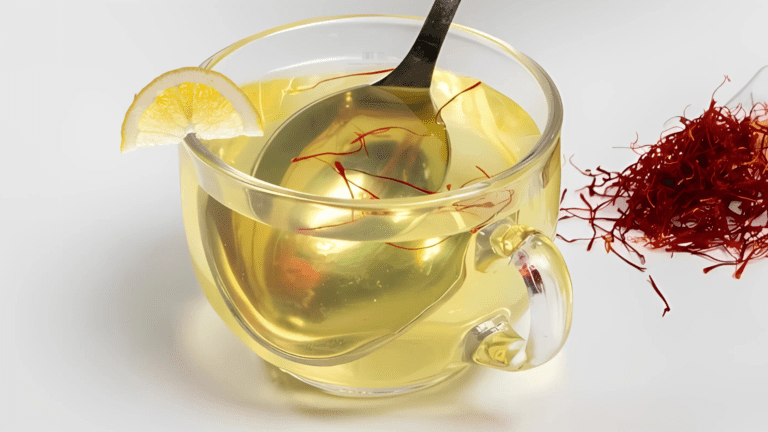 A glass of saffron detox water with vibrant golden color, garnished with lemon slices and mint leaves.