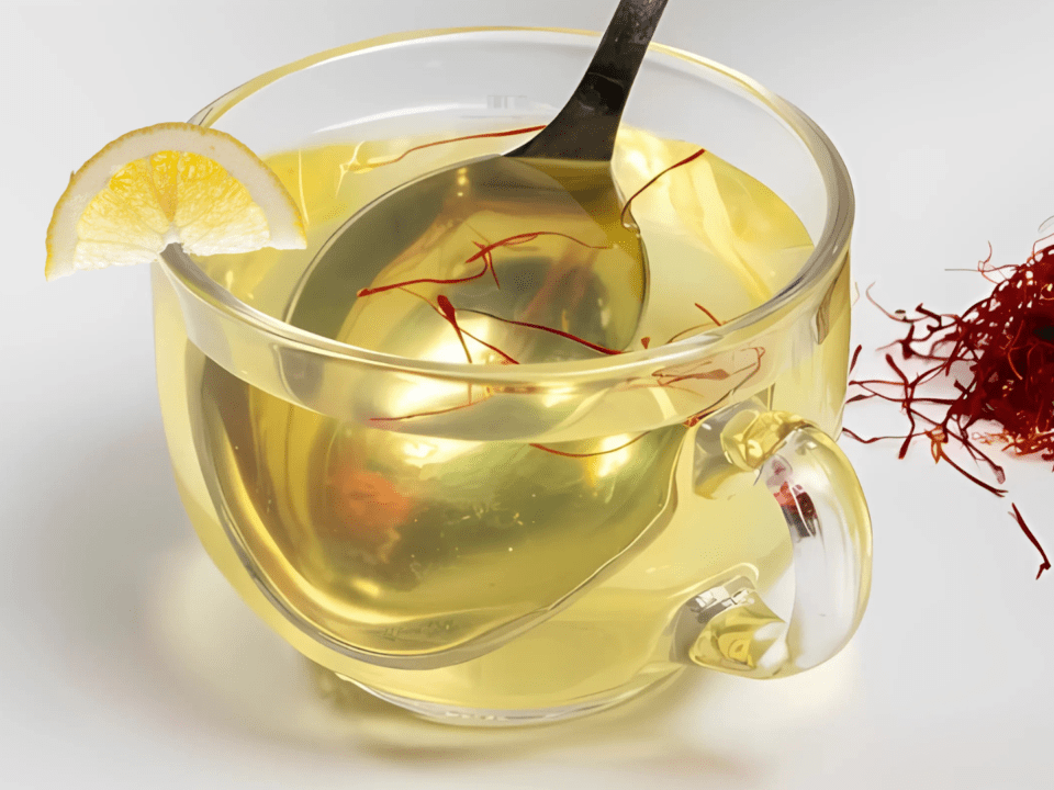 A glass of saffron detox water with vibrant golden color, garnished with lemon slices and mint leaves.