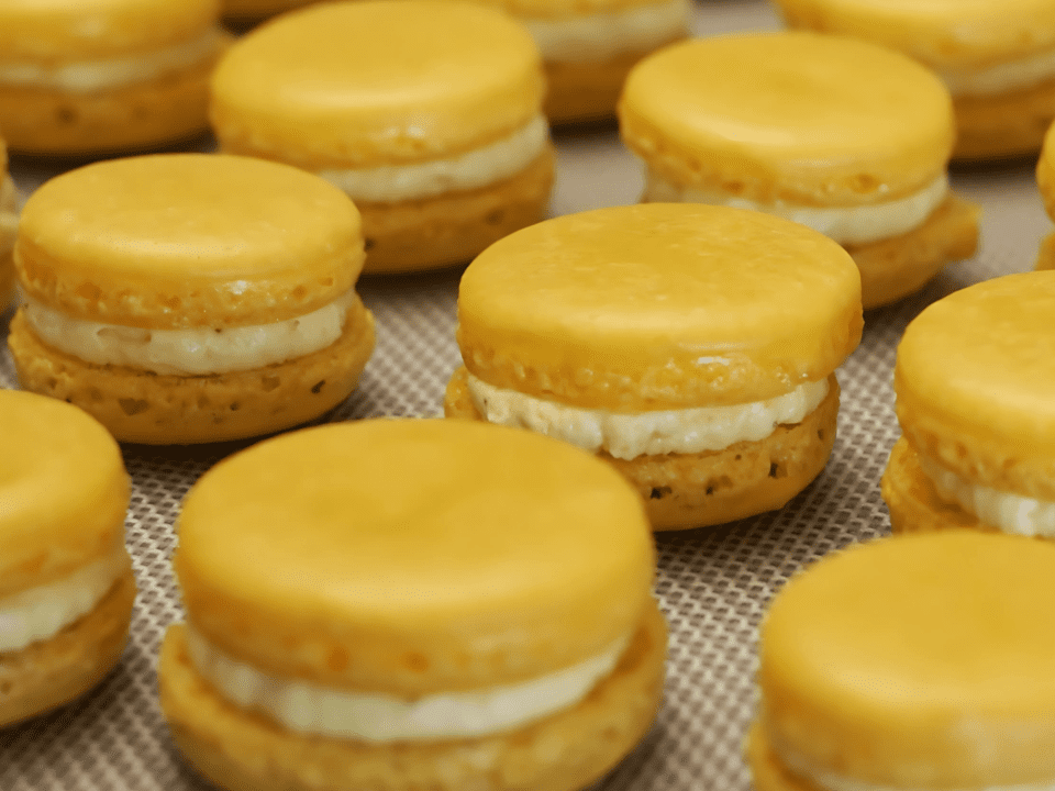 Saffron Macarons with creamy saffron filling, elegantly plated.