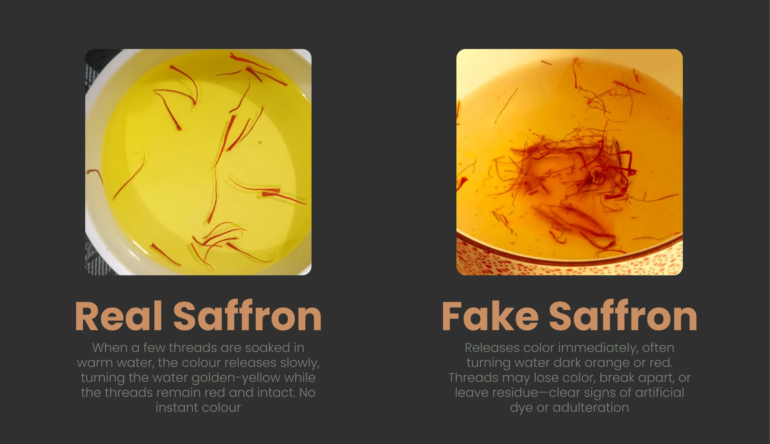 Real vs fake Kashmiri saffron water test comparison - authentic turns water golden yellow